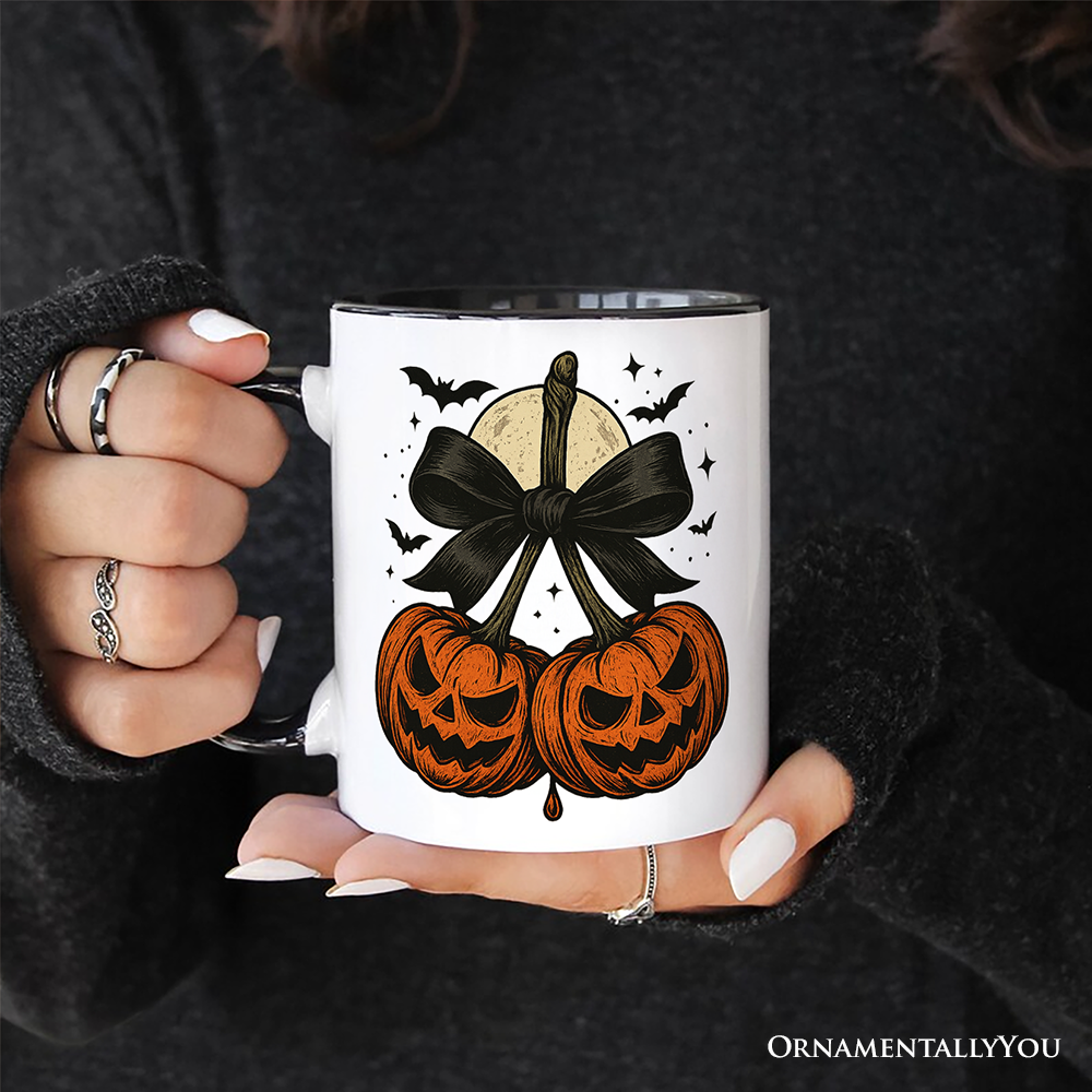 Pumpkin Cherries Coquette Bow Personalized Mug, Retro Halloween Gift with Custom Name