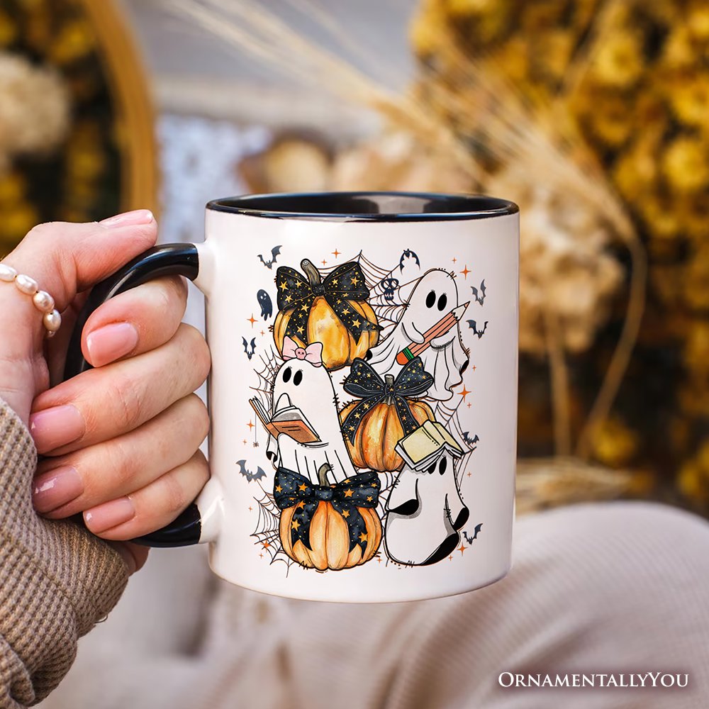 Cute Ghost Teacher Halloween Personalized Mug, Retro Boo Spooky School Gift with Custom Name