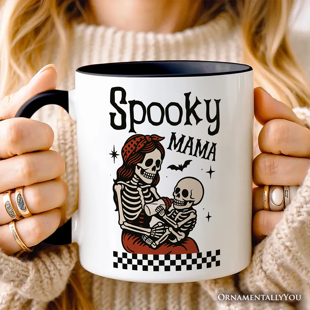 Spooky Mama Skeleton Halloween Personalized Mug, Momster Retro Checkered Gift with Custom Name