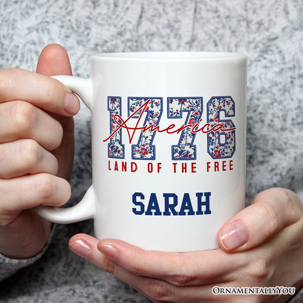 Retro America 1776 Floral Personalized Mug, Land of the Free Patriotic Gift with Custom Name