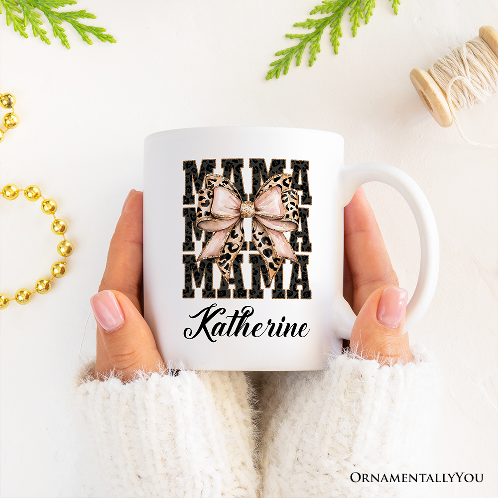 Glitter Leopard Mama Personalized Mug, Coquette Bow Glam Gift with Custom Name