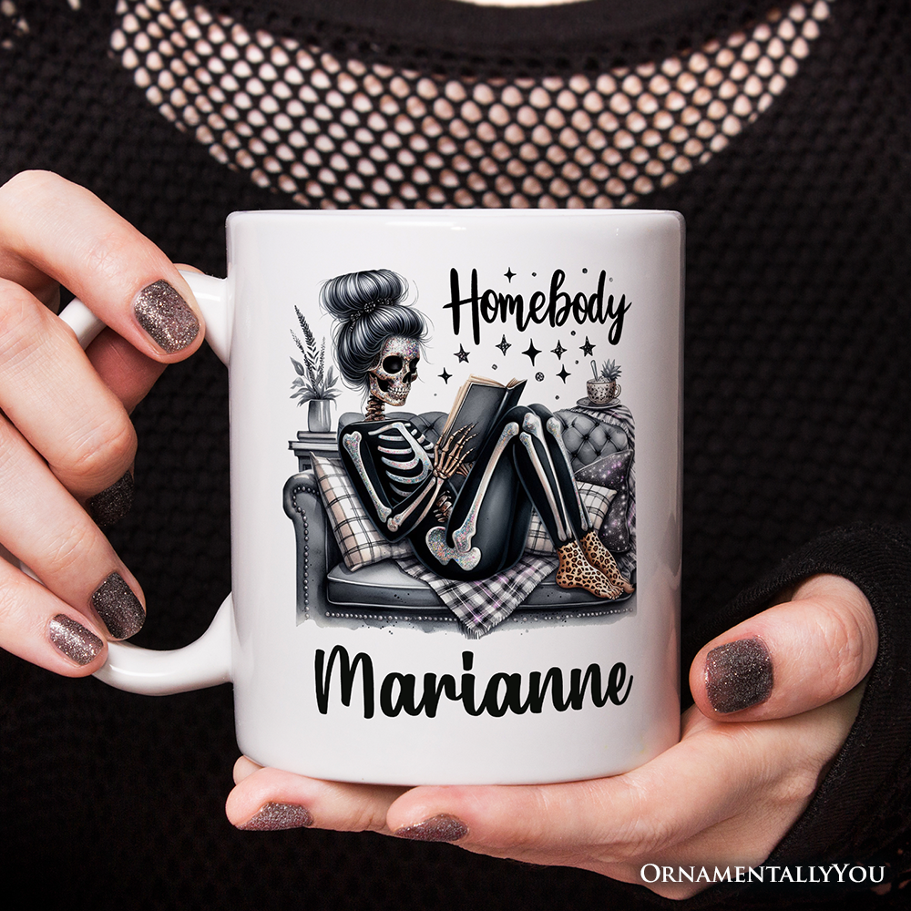 Homebody Reading Skeleton Personalized Mug, Funny Lazy Selfcare Gift with Custom Name