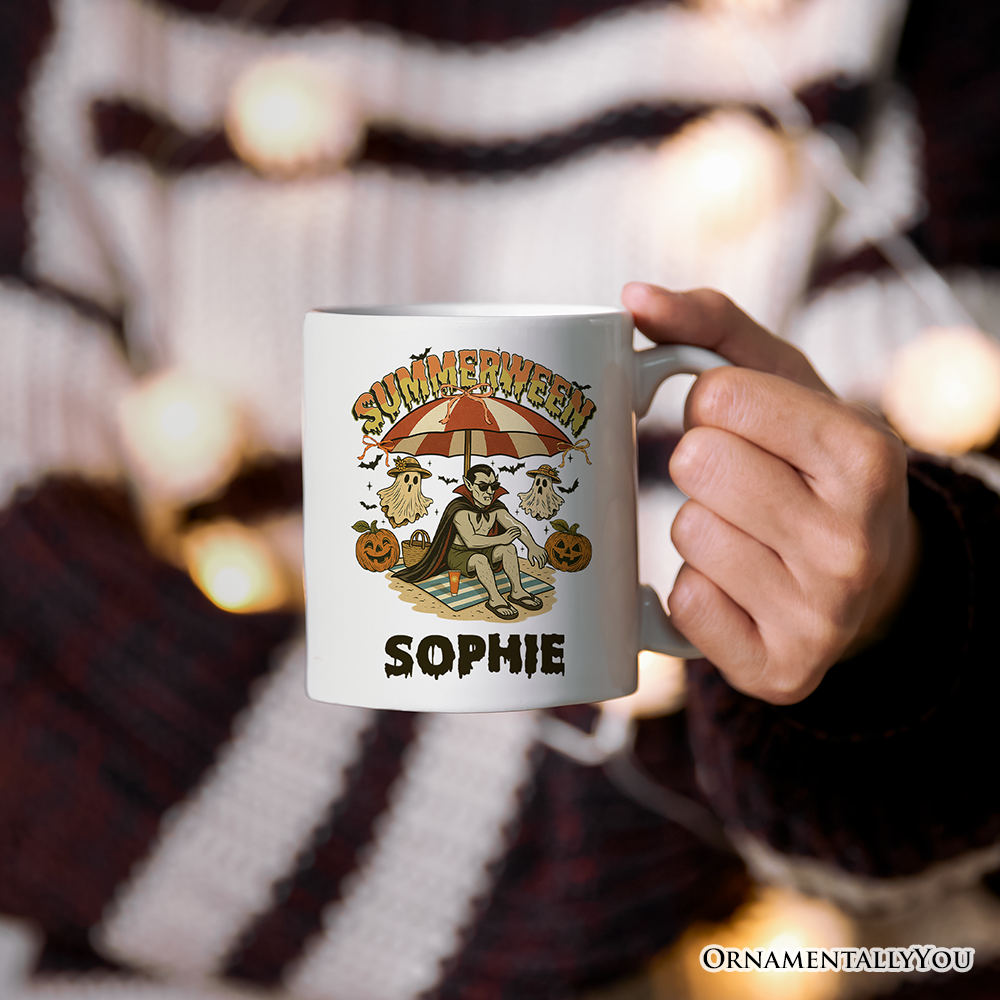Summerween Vampire Dracula Personalized Mug, Retro Halloween Beach Gift with Custom Name for Horror Spooky Summer Season