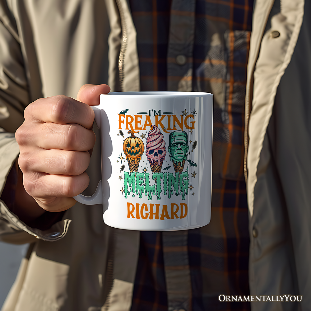 I’m Freaking Melting Frankenstein Personalized Mug, Funny Ice Cream Halloween Gift with Custom Name for Summer Spooky Season