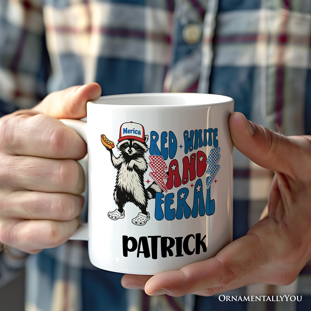 Red, White & Feral Raccoon Personalized Mug, Wild Patriot American Gift with Custom Name