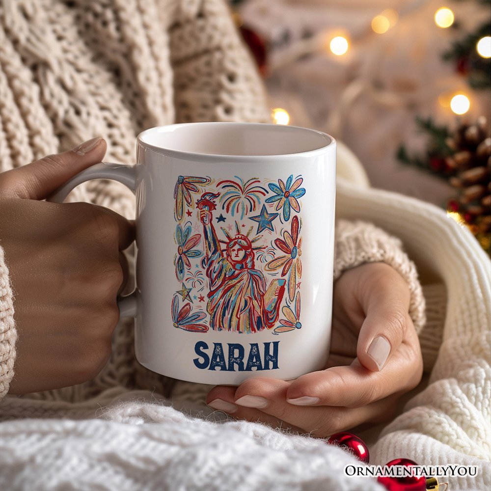 Patriotic Statue of Liberty and Fireworks Personalized Mug, Festive 4th of July Gift with Custom Name