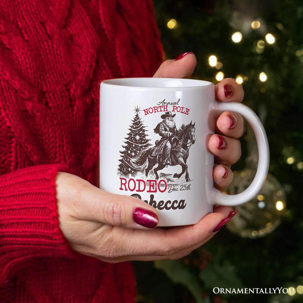 Annual North Pole Rodeo Personalized Mug, Funny Cowboy Santa Christmas Gift with Custom Name