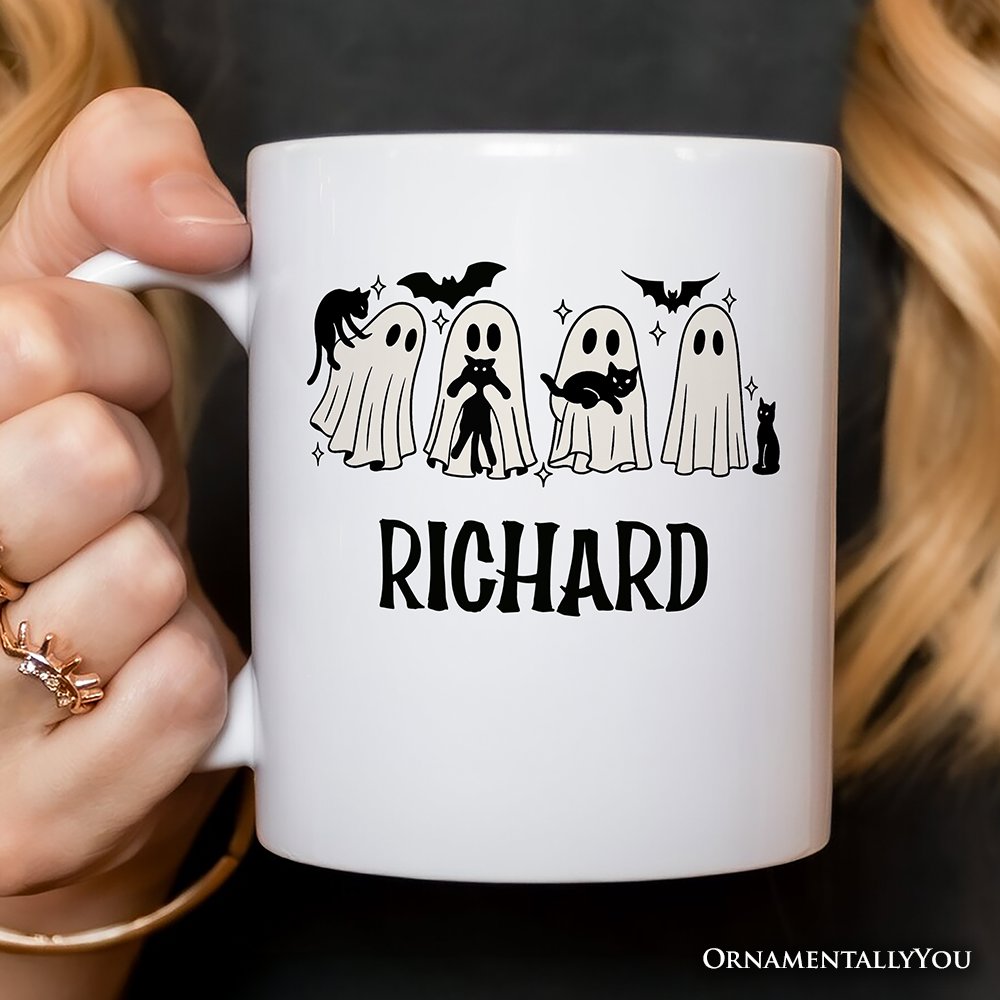 Ghosts and Cats Spooky Personalized Mug, Whimsical Halloween Gift with Custom Name
