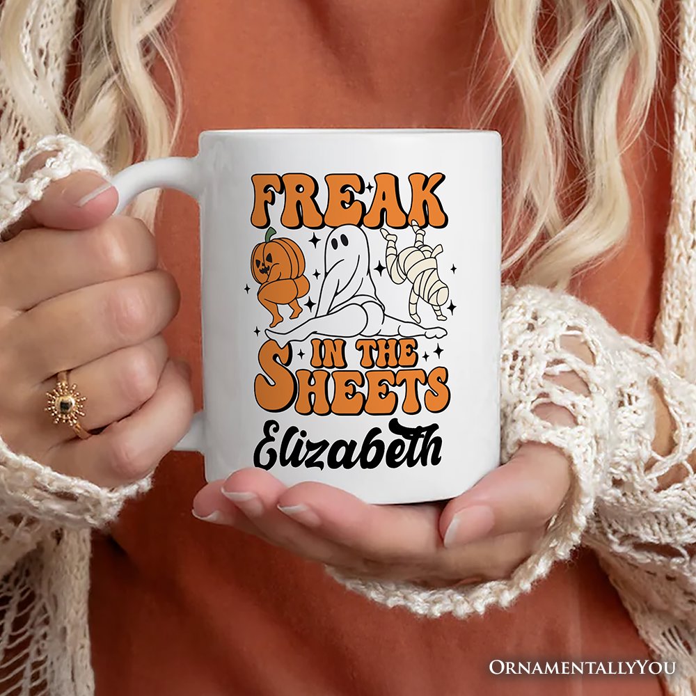 Freak in the Sheets Ghost Personalized Mug, Naughty Halloween Gift with Custom Name