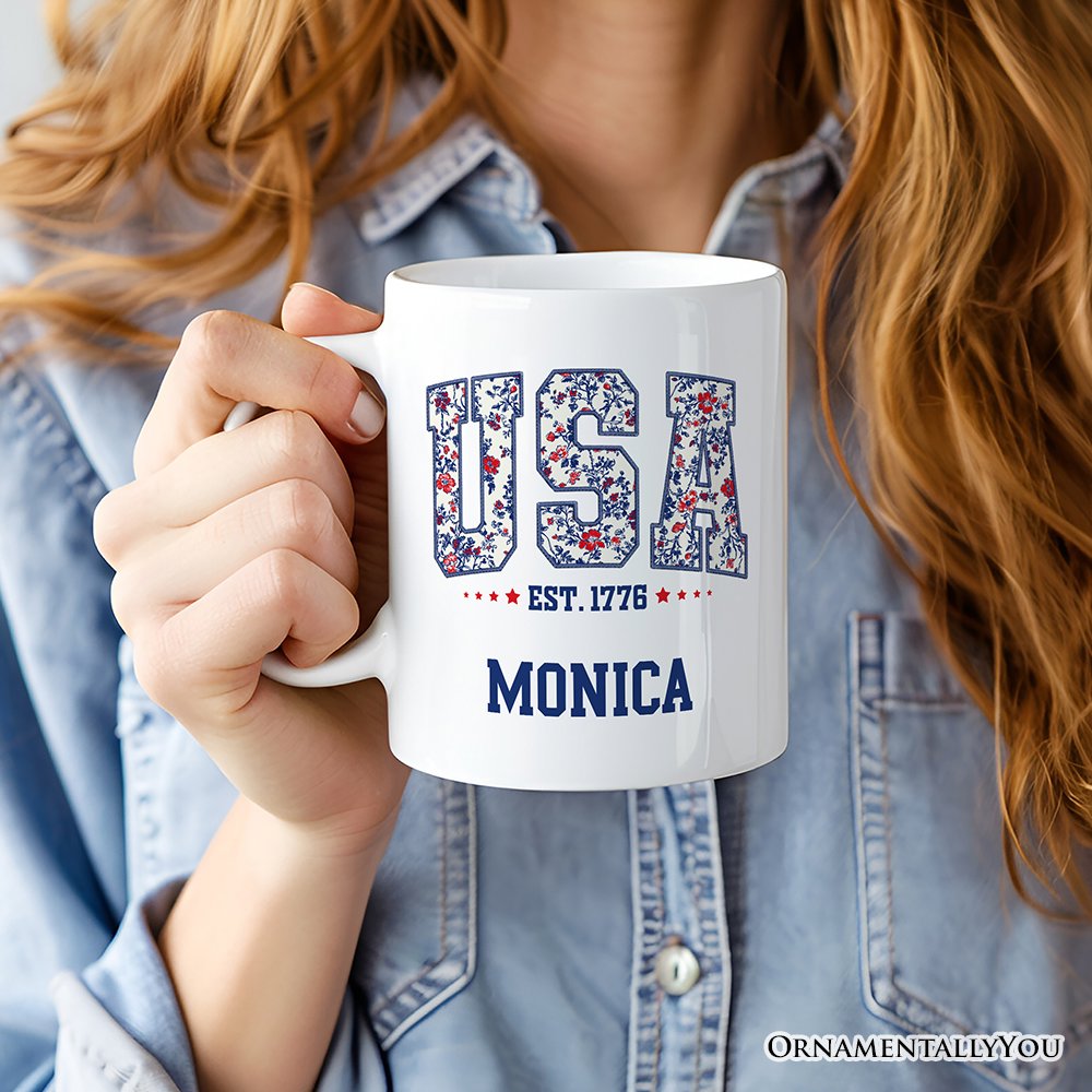 Patriotic USA Floral Personalized Mug, 1776 Independence Day Gift with Custom Name