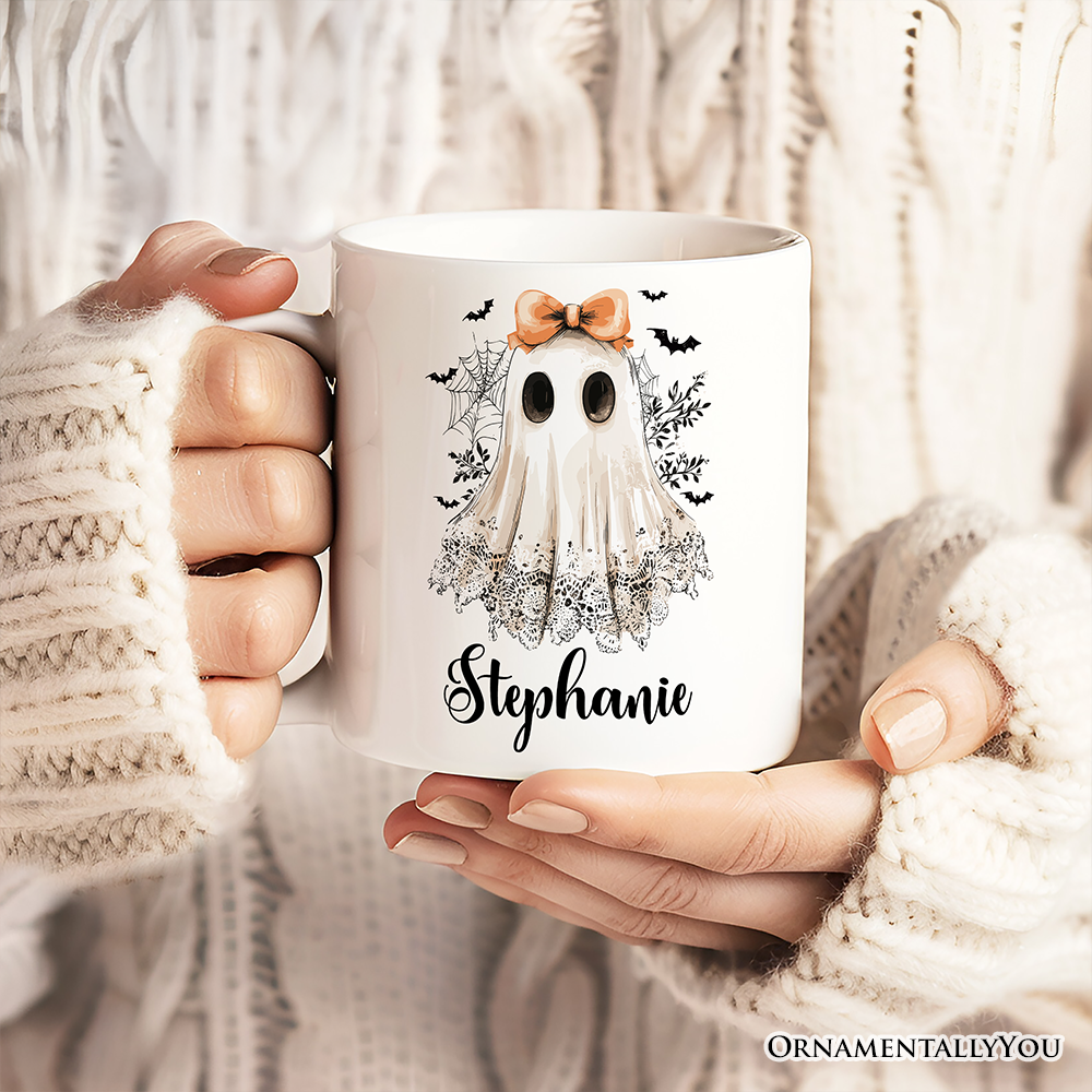 Coquette Ghost Personalized Mug, Cute Halloween Gift with Custom Name