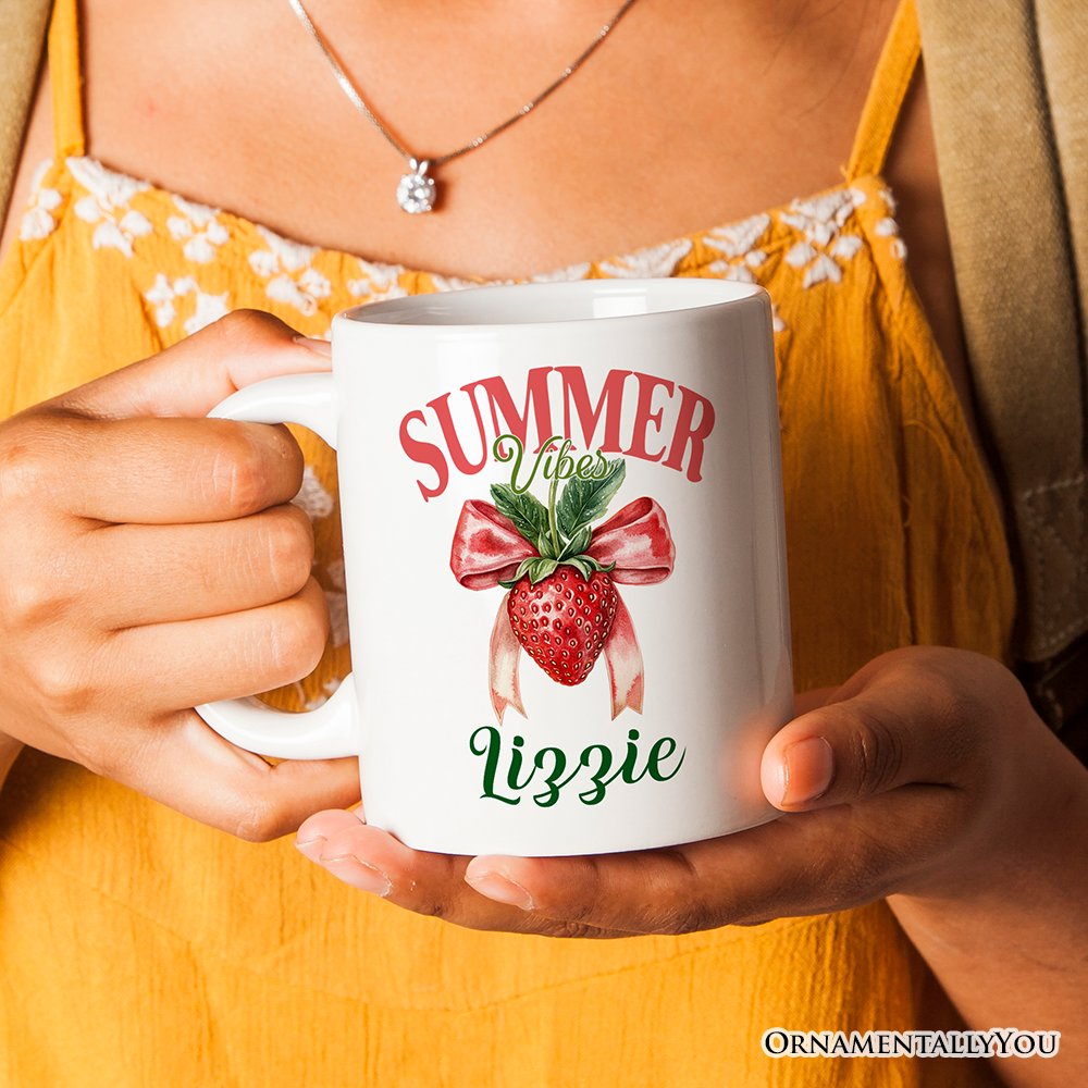 Summer Vibes Strawberry Personalized Mug, White, Seasonal Coquette Gift with Custom Name