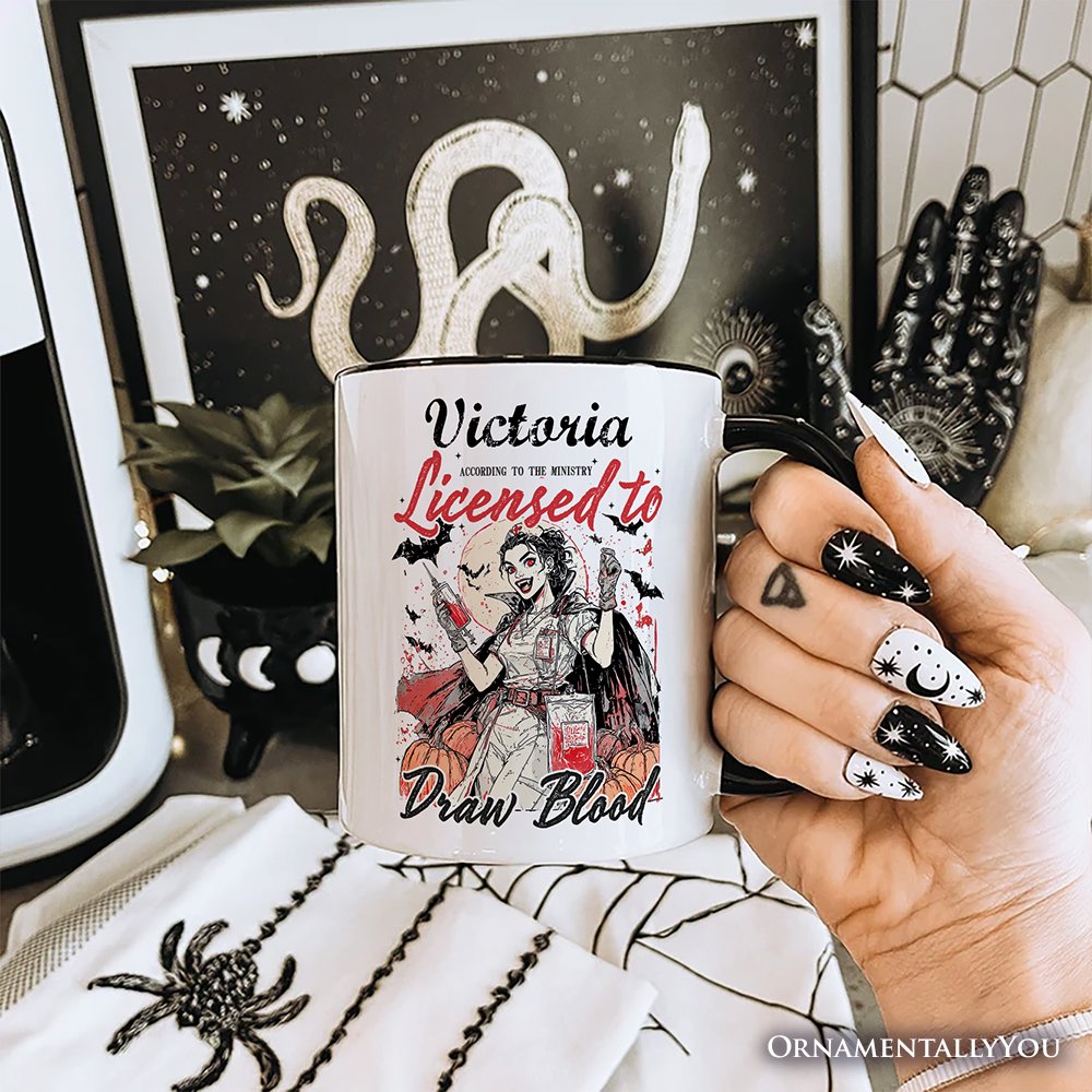 Licensed to Draw Blood Halloween Nurse Personalized Mug, Groovy Gift with Custom Name for Spooky Season
