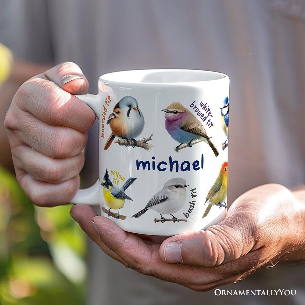 Whimsical Bird Tit Personalized Mug, Funny Birdwatcher Gift for Birder With Custom Name