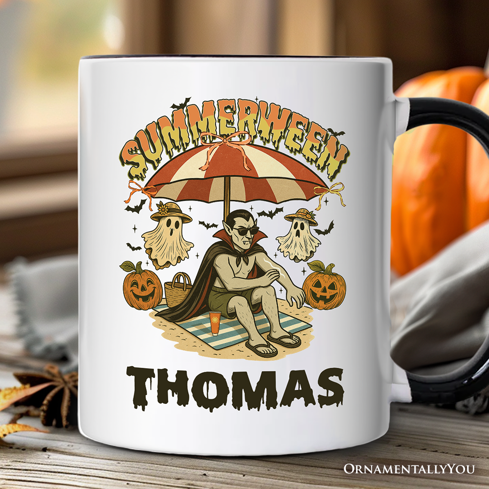 Summerween Vampire Dracula Personalized Mug, Retro Halloween Beach Gift with Custom Name for Horror Spooky Summer Season