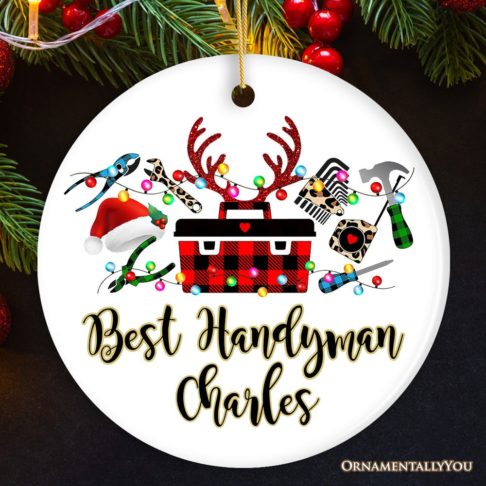 Personalized Handyman Buffalo Plaid Leopard Merry Christmas Ornament Woodworking Gift