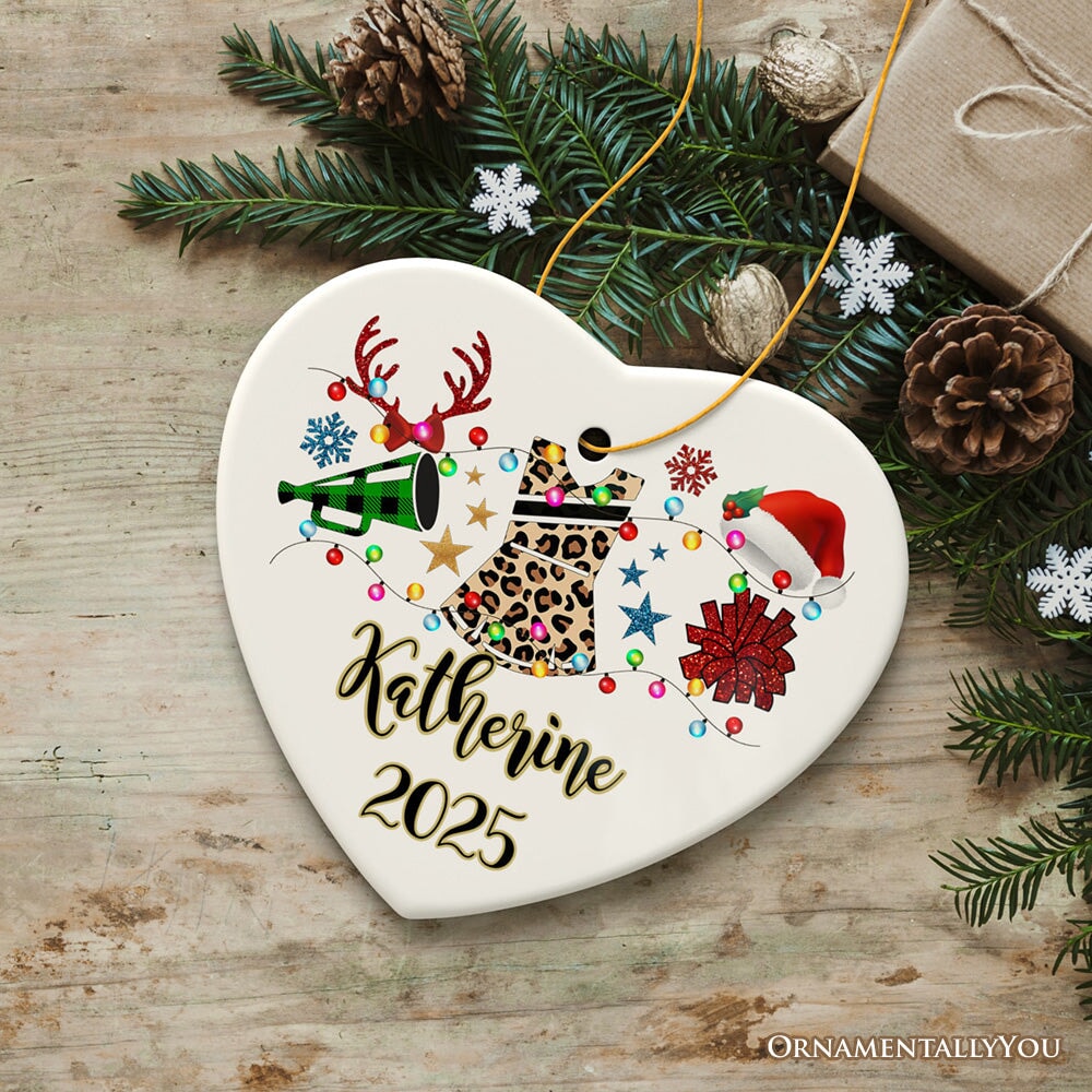 Personalized Cheerleader Buffalo Plaid Leopard Merry Christmas Ornament, Cheer Mom Gift