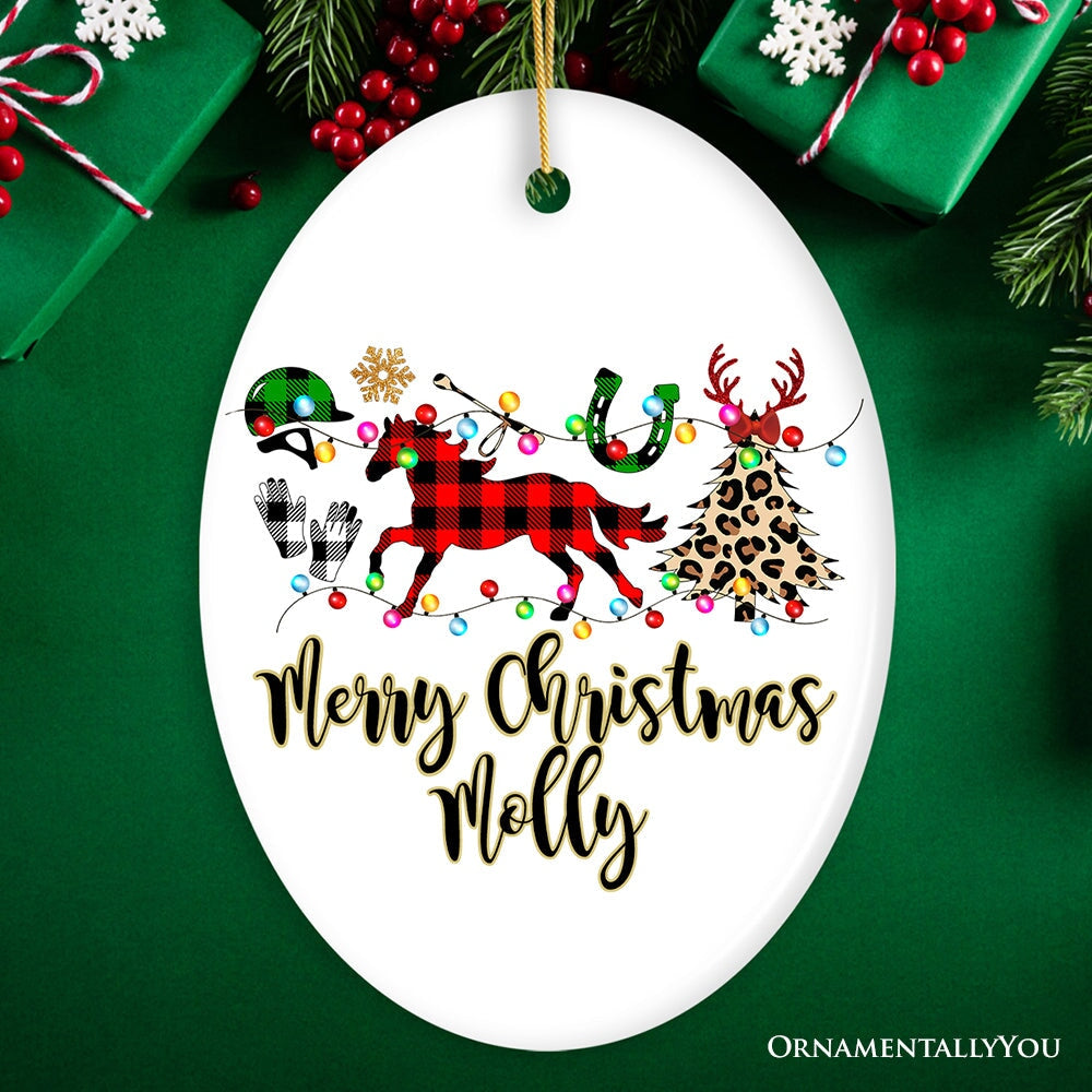 Personalized Horse Buffalo Plaid Leopard Merry Christmas Ornament, Equestrian Gift