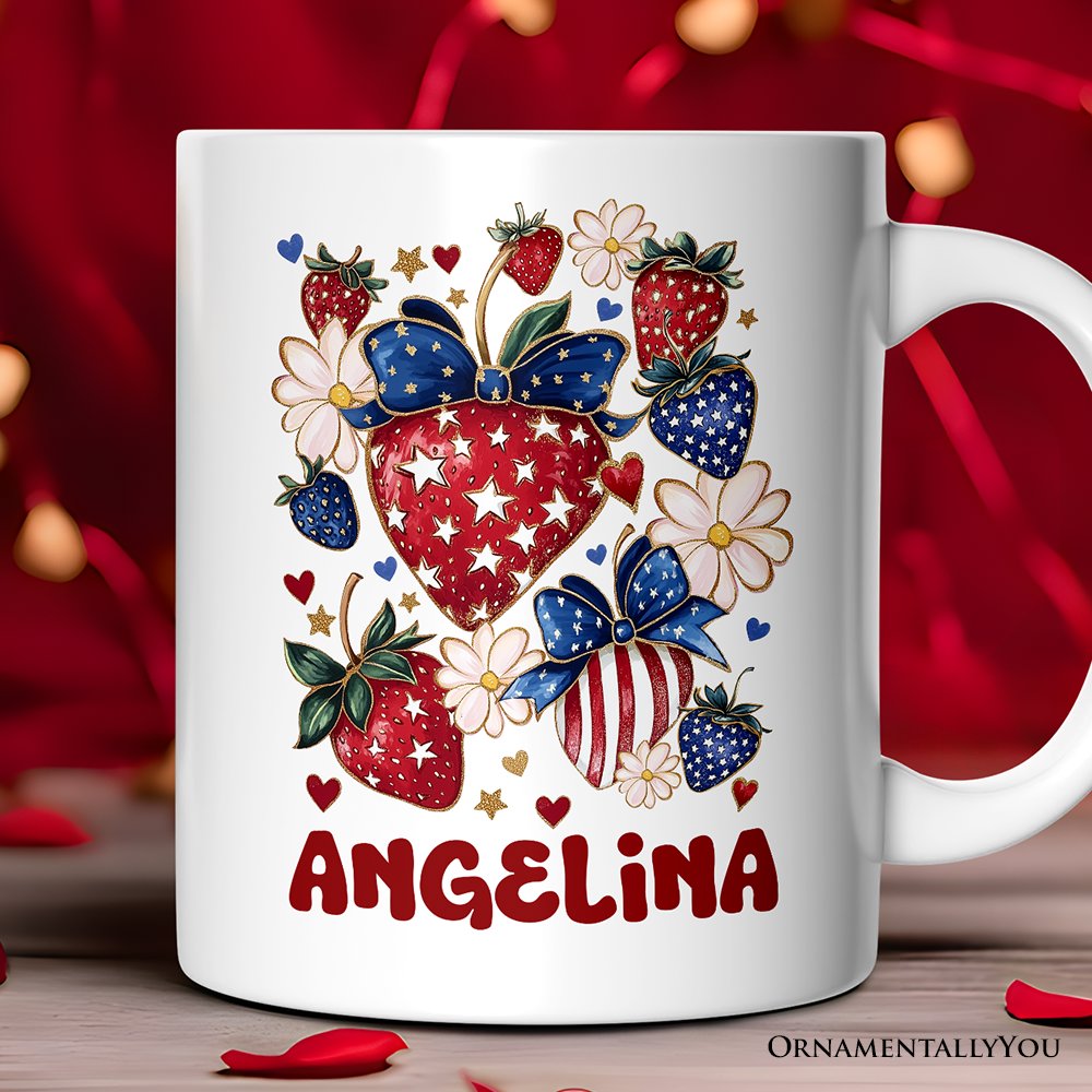 Patriotic Boho Strawberries Bouquet Personalized Mug, 4th of July Gift with Custom Name