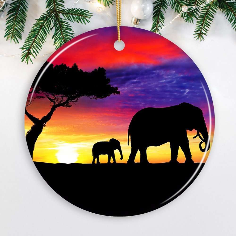Elephant Silhouette Ornament, Exotic Nature Sunset of Africa Christmas Decoration