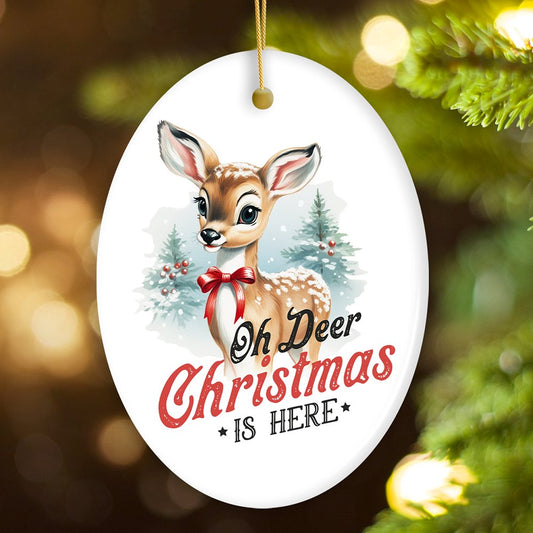Oh Deer Christmas is Here Vintage Christmas Ornament, Baby Reindeer Charming Retro Tree Decoration