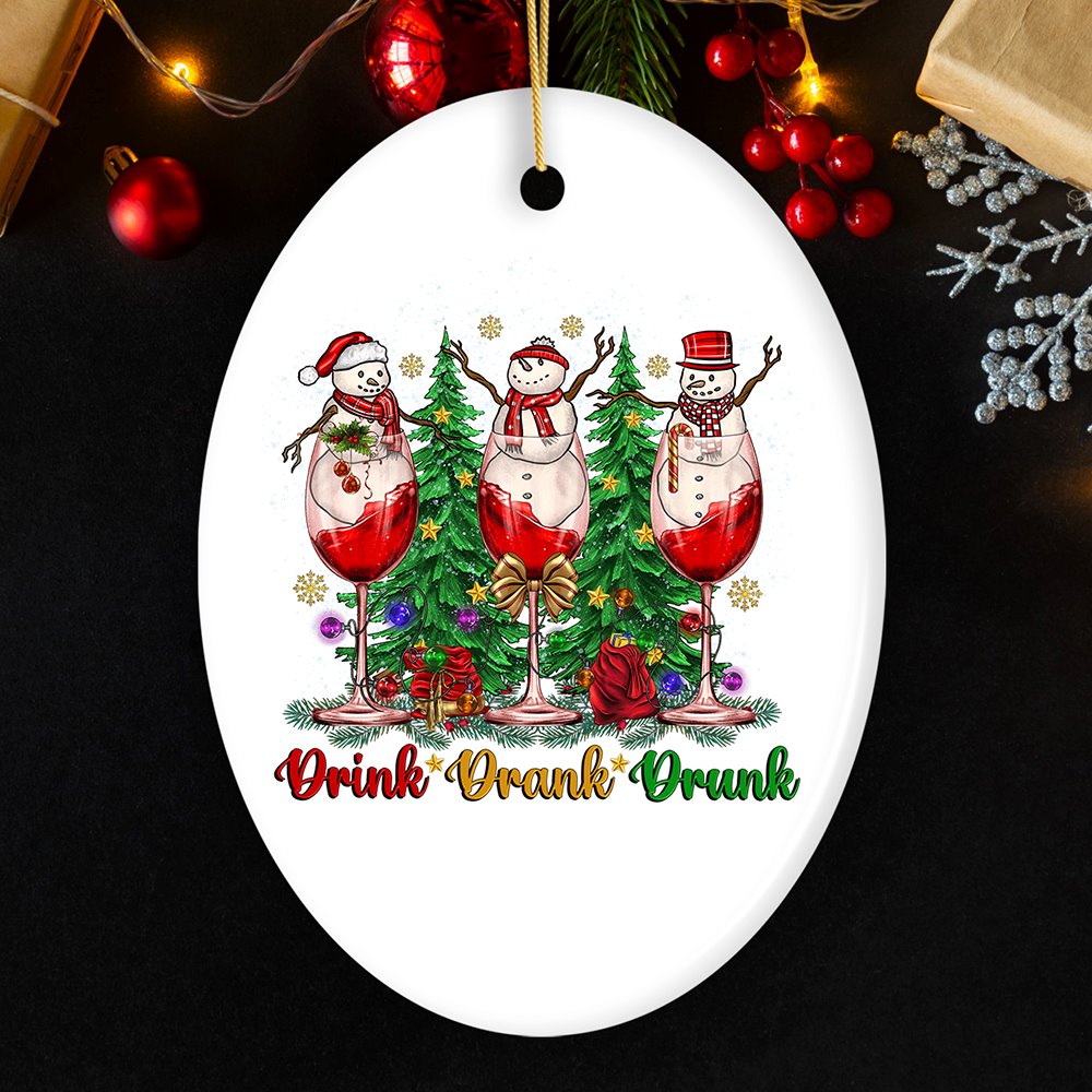 Snowmen and Wine Drink Drank Drunk Christmas Ornament, Funny Alcohol Humor with Crimson Velvet