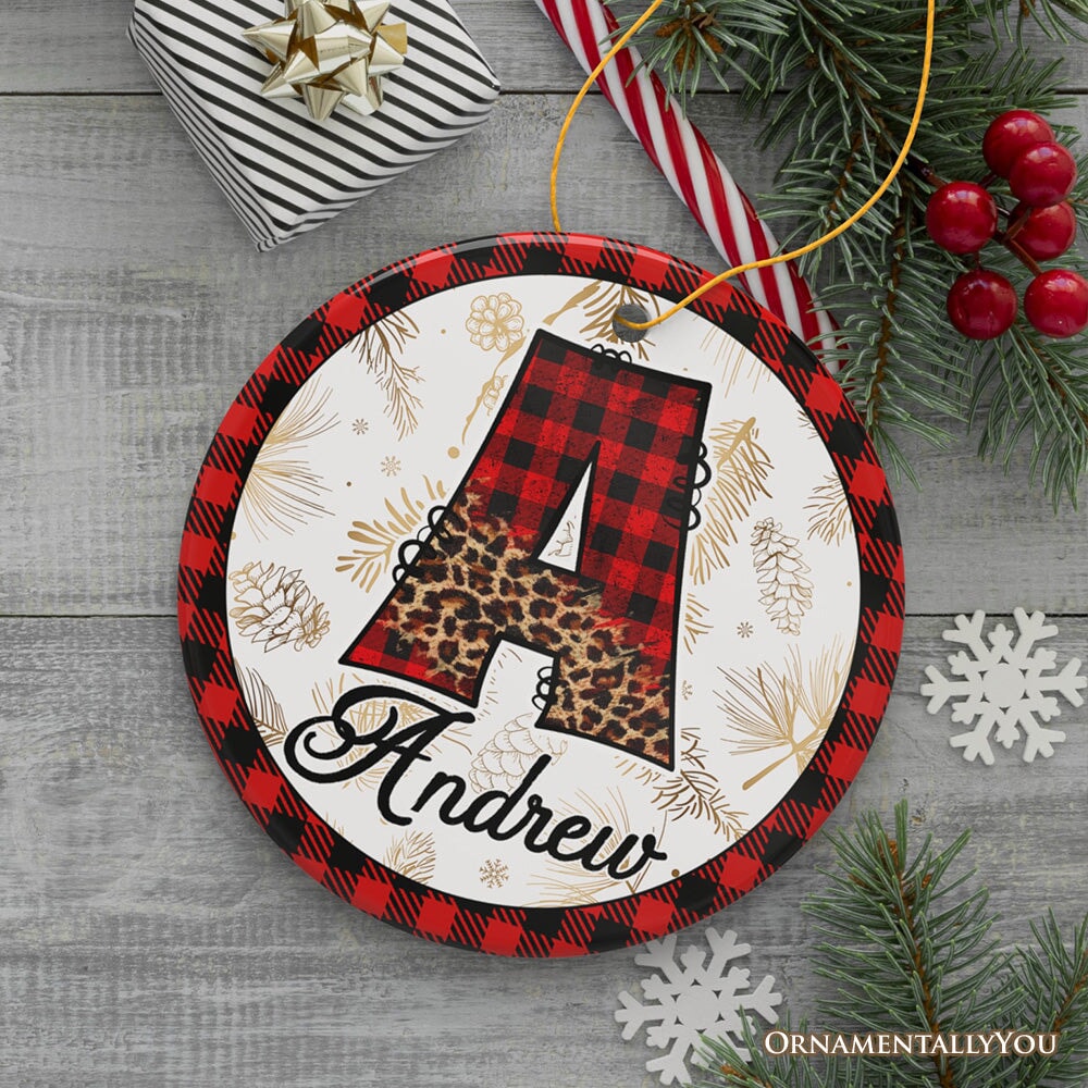 Buffalo Plaid Alphabet Personalized Christmas Ornament, Family Members Name Collection