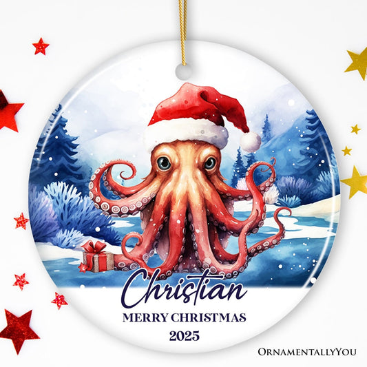 Octopus with Santa Hat Personalized Ornament, Festive Christmas Gift With Custom Name and Date