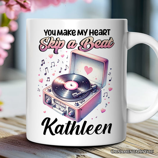 You Make My Heart Skip a Beat Personalized Mug, Vintage Turntable Vinyl Record Player Cute Gift With Custom Name