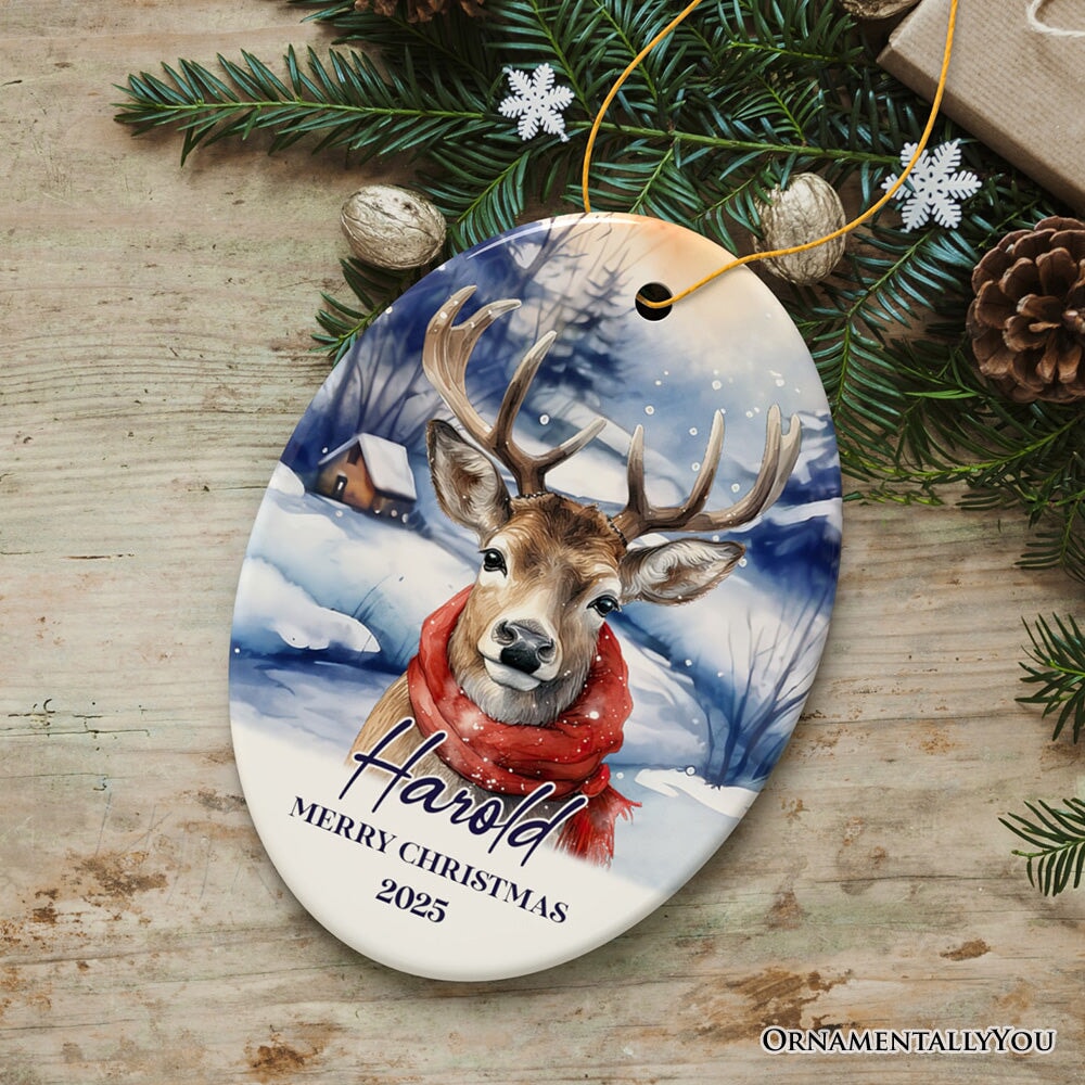 Elegant Deer Personalized Ornament, Winter Forest Christmas Gift With Custom Name and Date