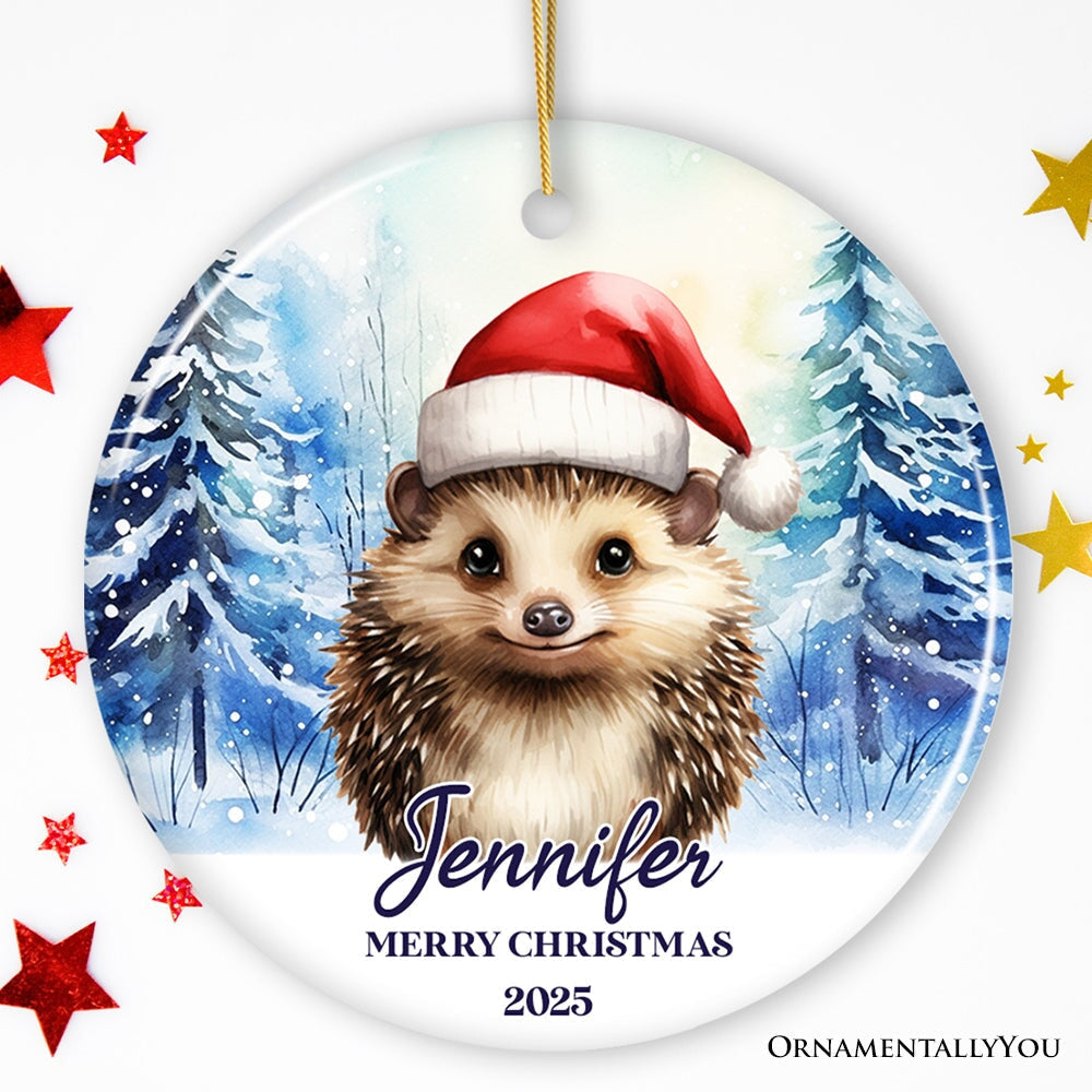 Hedgehog with Santa Hat Personalized Ornament, Winter Forest Christmas Gift With Custom Name and Date