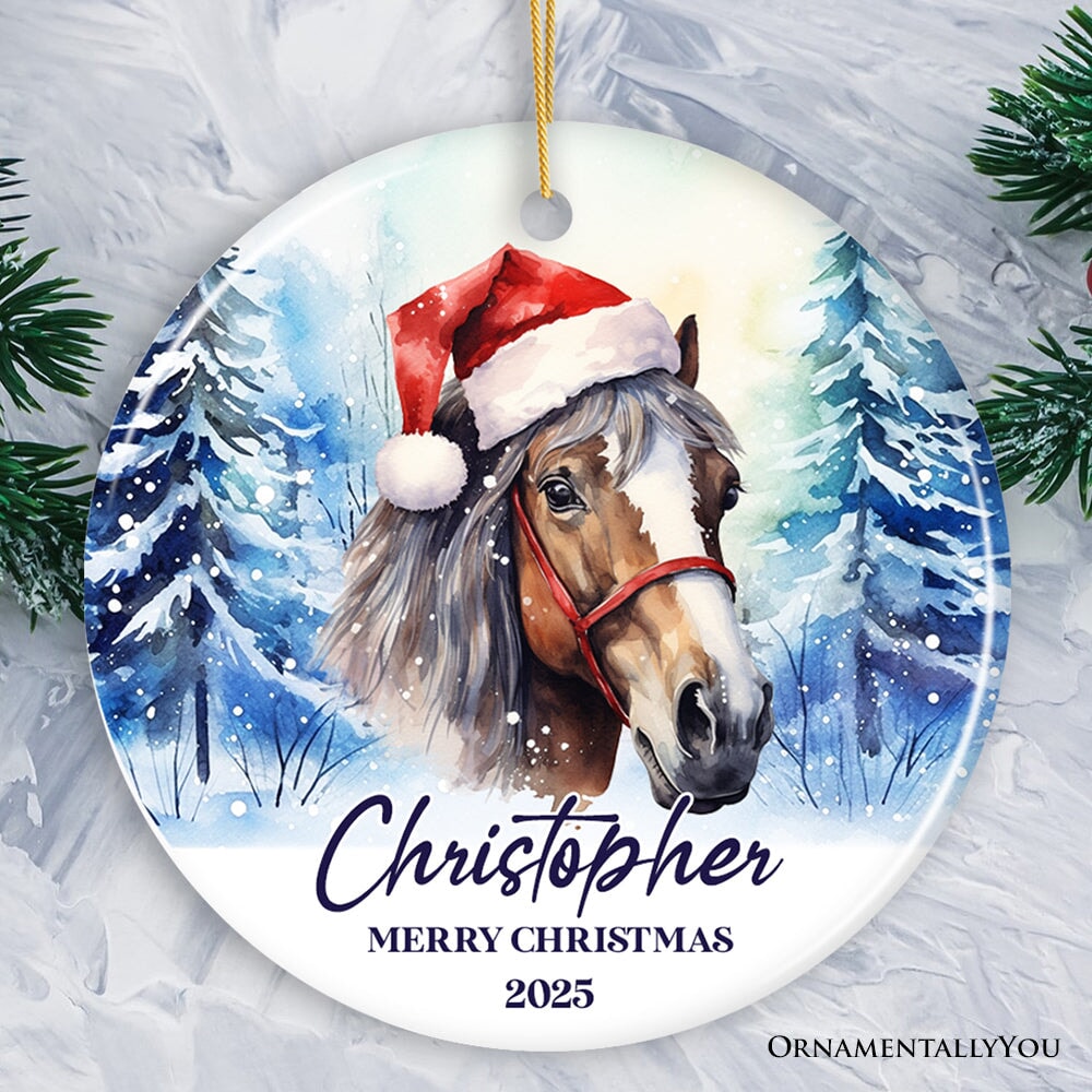 Horse with Santa Hat Personalized Ornament, Winter Forest Christmas Gift With Custom Name and Date