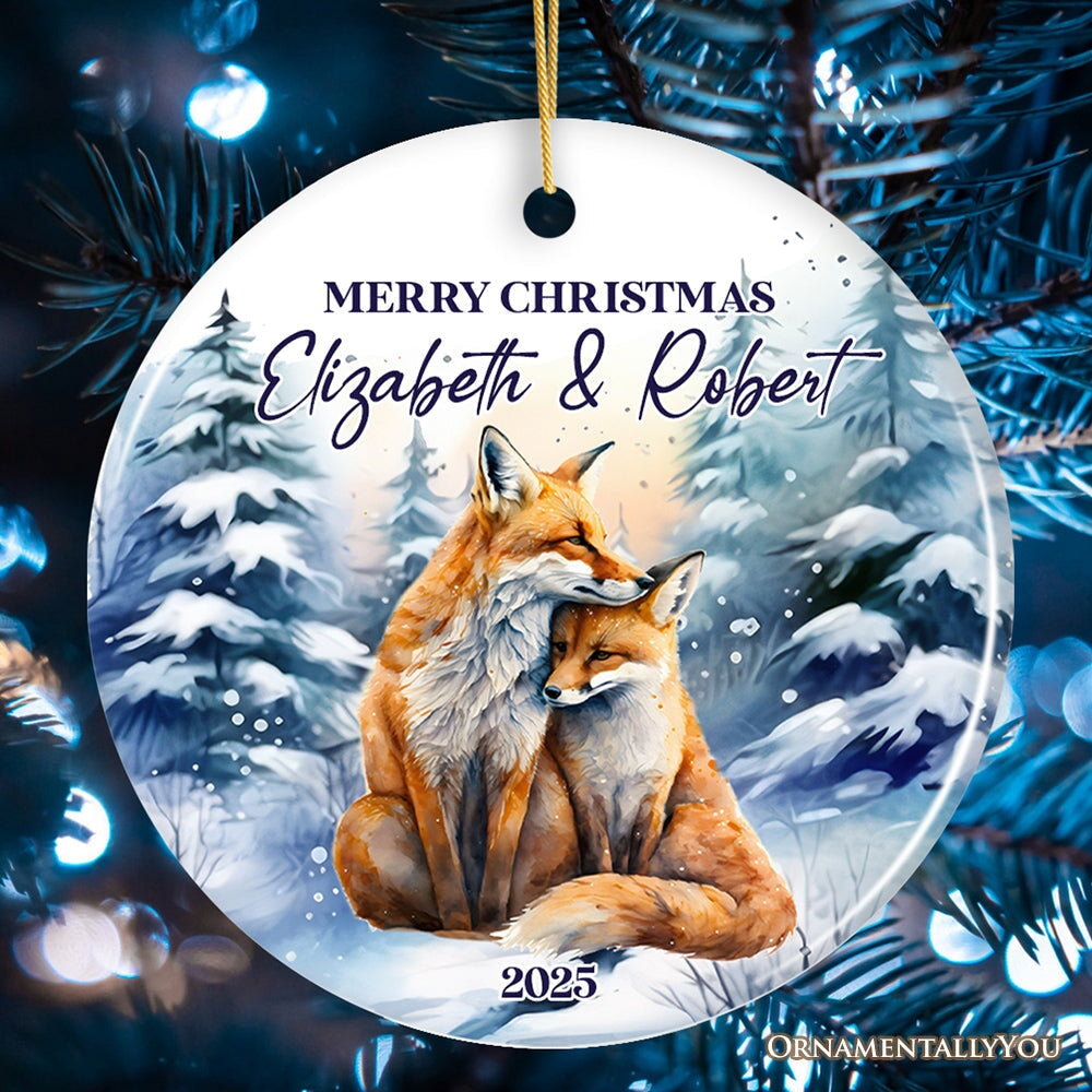 Couple Fox Personalized Ornament, Enchanted Winter Frost Christmas Gift With Custom Names and Date