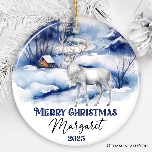 Winter Wonderland White Deer Personalized Ornament, Majestic Christmas Gift