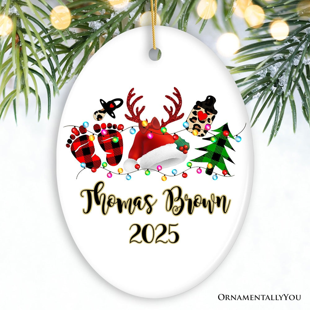 Personalized Baby Christmas Buffalo Plaid Leopard Ornament Gift