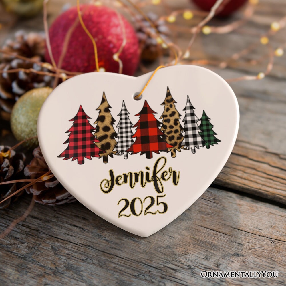 Merry Christmas Buffalo Plaid and Leopard Cheetah Trees Personalized Ornament
