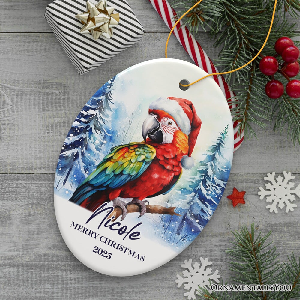 Macaw Parrot with Santa Hat Personalized Ornament, Winter Forest Christmas Gift With Custom Name and Date