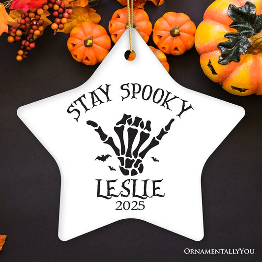 Cool Skeleton Stay Spooky Personalized Ornament, Surfer Halloween Themed Custom Gift