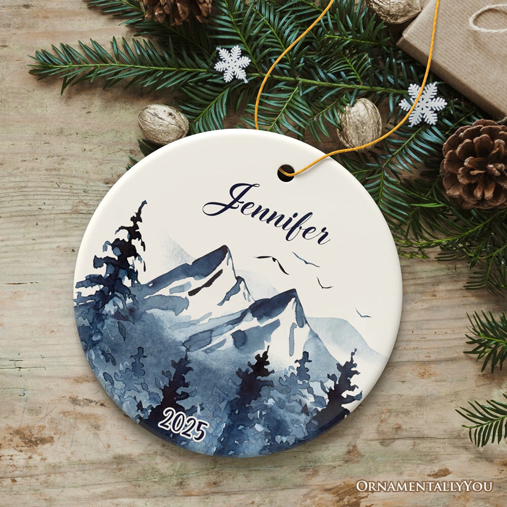 Personalized Family Ornament, Watercolor Mountain Keepsake Gift