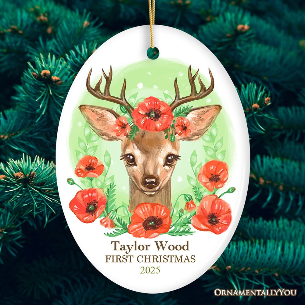Personalized Baby's First Christmas Fawn Deer Watercolor Christmas Ornament