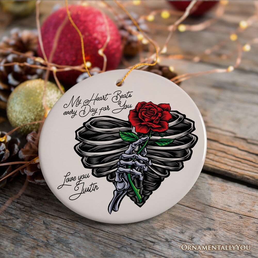Skeleton Rose Heart Valentine Custom Ornament, My Heart Beats Every Day for You Personalized Name Gift