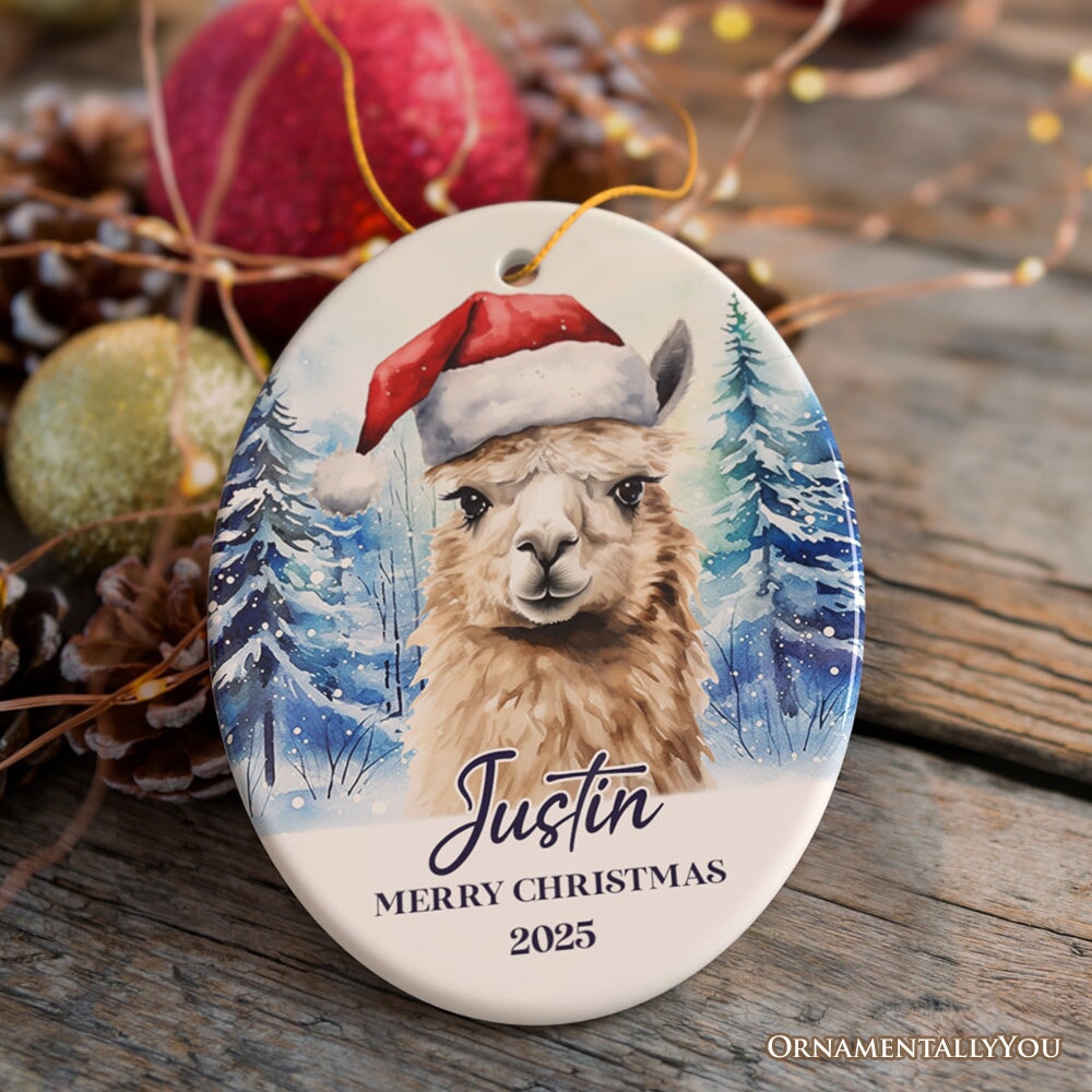 Llama with Santa Hat Personalized Ornament, Winter Forest Christmas Gift With Custom Name and Date