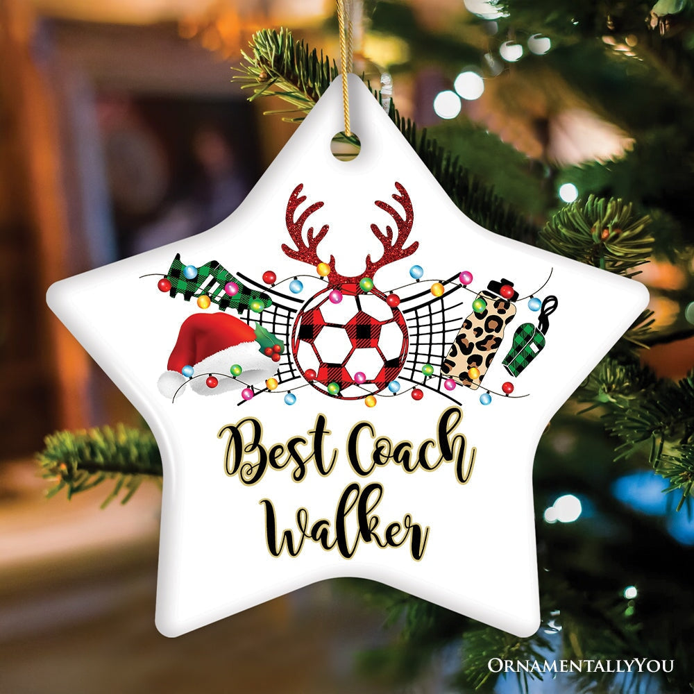 Personalized Soccer Buffalo Plaid Leopard Merry Christmas Ornament, Team and Coaches Gift