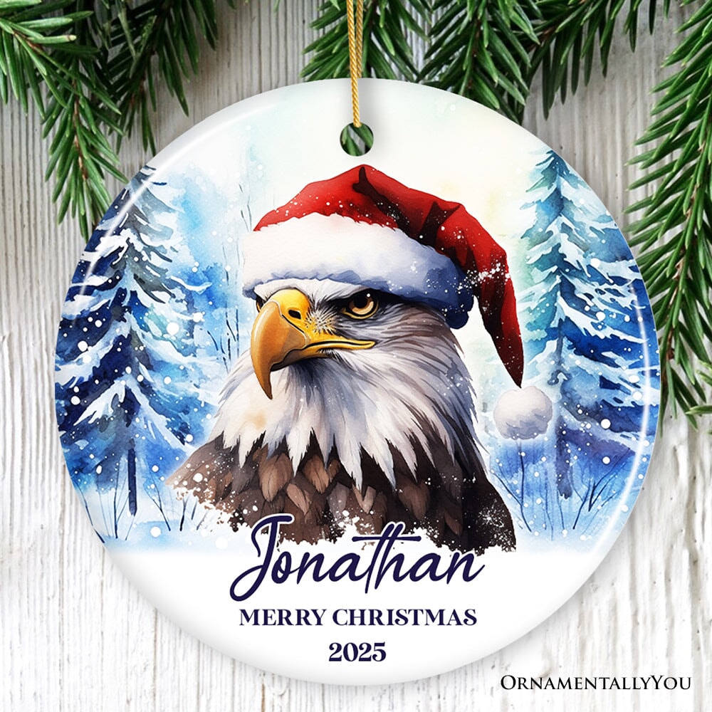 American Bald Eagle with Santa Hat Personalized Ornament, Winter Forest Christmas Gift With Custom Name and Date