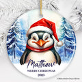 Penguin with Santa Hat Personalized Ornament, Winter Forest Christmas Gift With Custom Name and Date