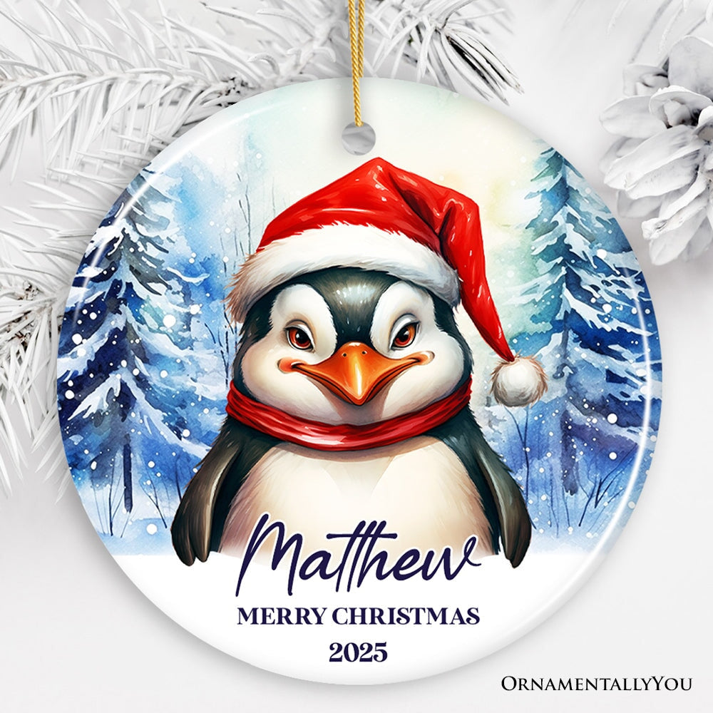 Penguin with Santa Hat Personalized Ornament, Winter Forest Christmas Gift With Custom Name and Date