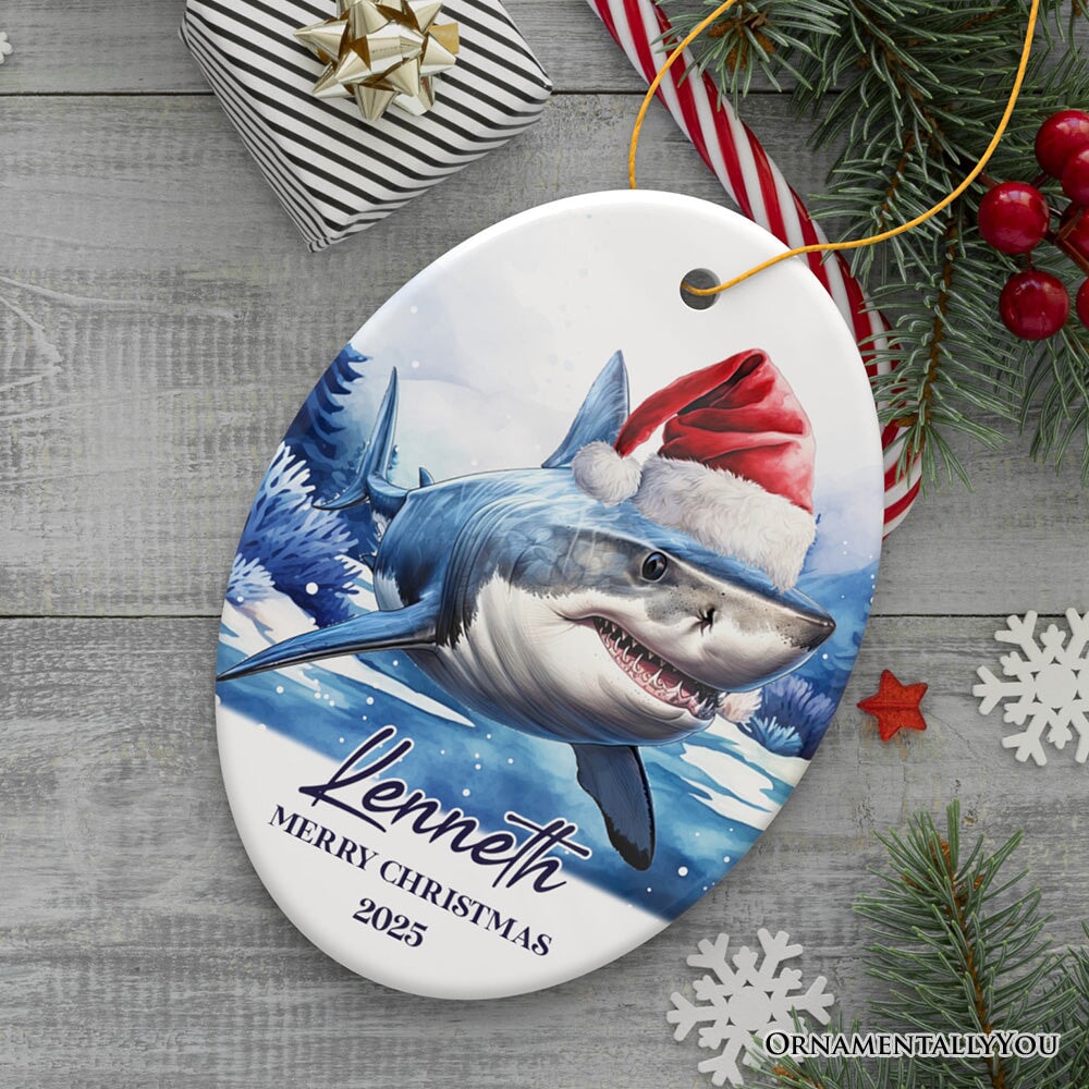 Shark with Santa Hat Personalized Ornament, Festive Christmas Gift With Custom Name and Date