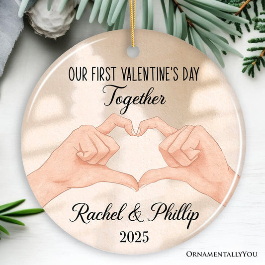 First Valentine's Day Together Personalized Ornament, Lovers Couple Hands, Custom Name Gift