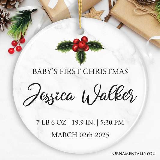 Minimalist First Baby Christmas Personalized Ornament with Date, Time, and Weight