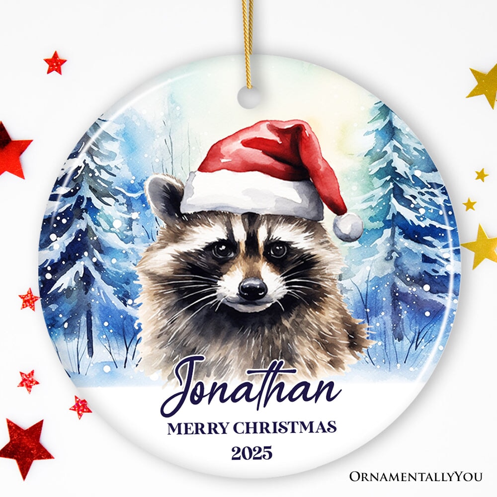 Raccoon with Santa Hat Personalized Ornament, Winter Forest Christmas Gift With Custom Name and Date